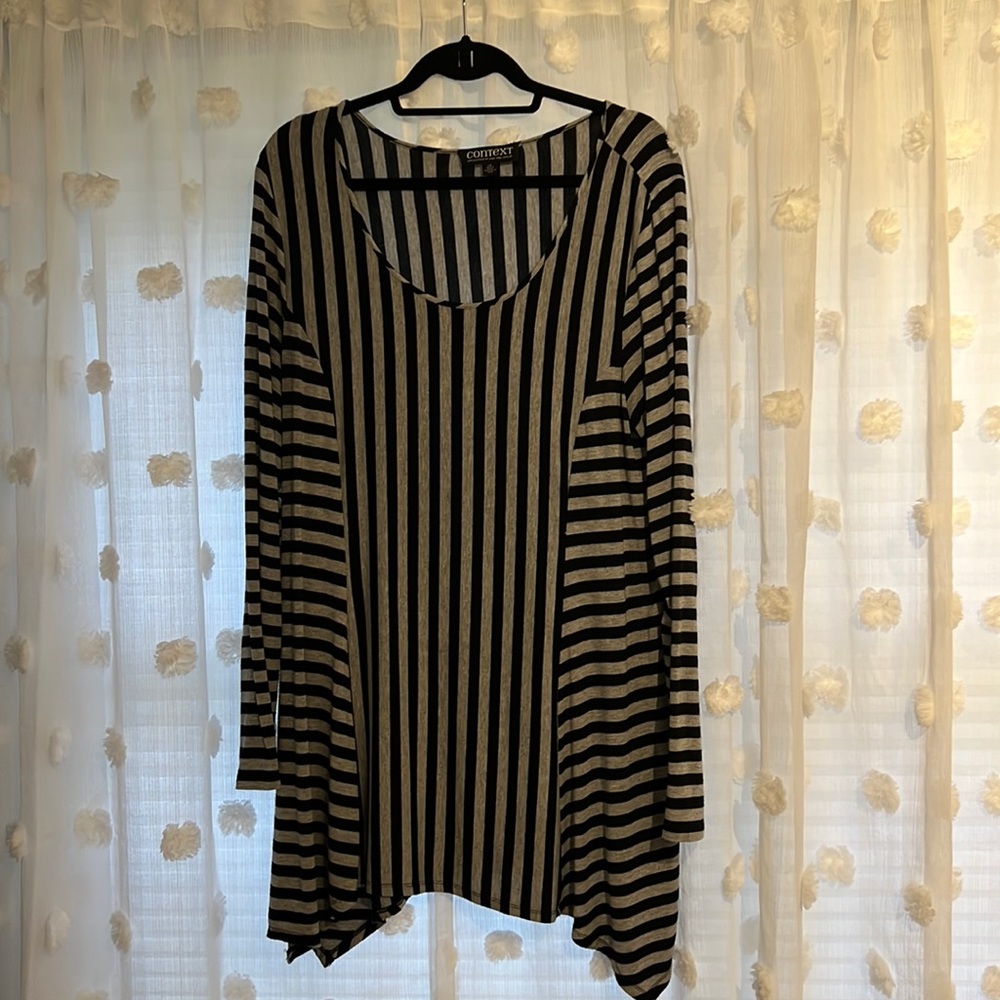 Context.  Soft and cozy black and grey striped long tunic or dress. Large